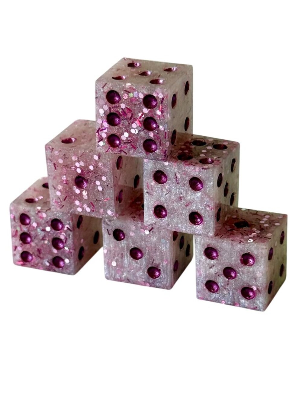 Resin Dice Set 6pcs - Pink Confetti Glitter - Handmade Replacement Dice Games Ca